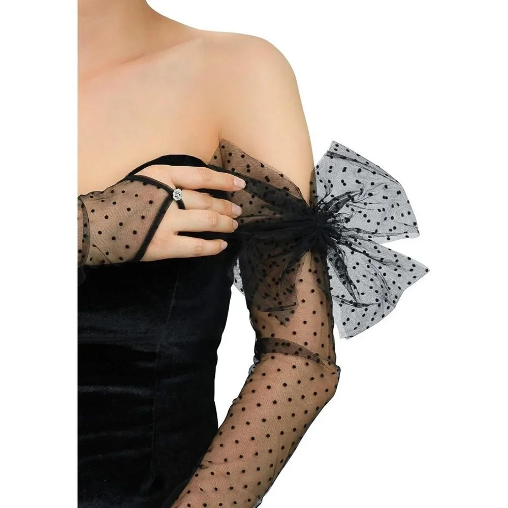 Women's Fingerless Green Long Bow Polka Dot Lace Gloves Sheer Party Accessories
